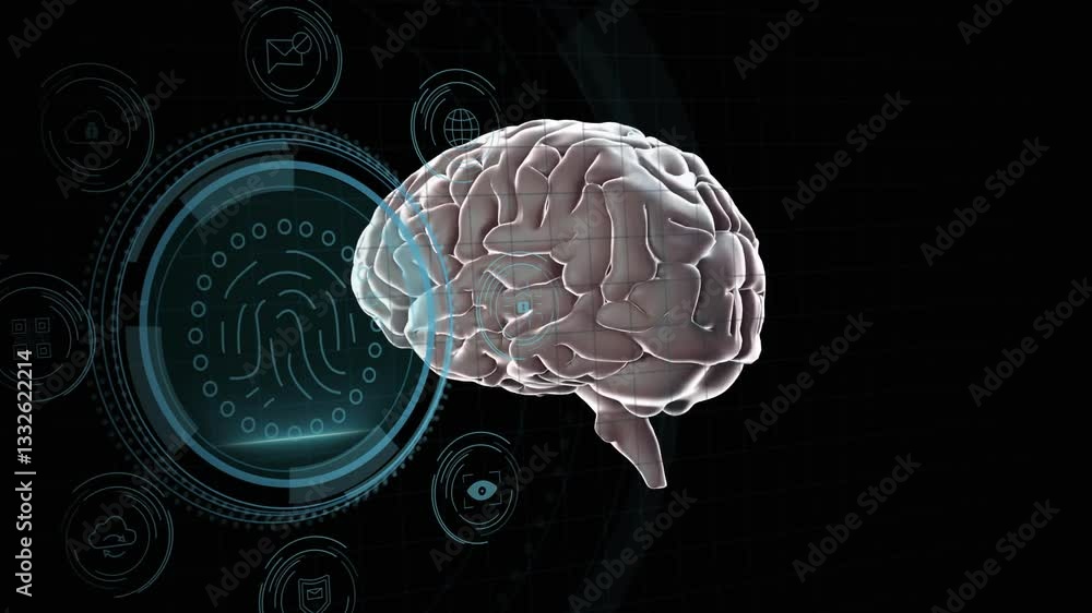Poster human brain model with digital interface and data processing animation