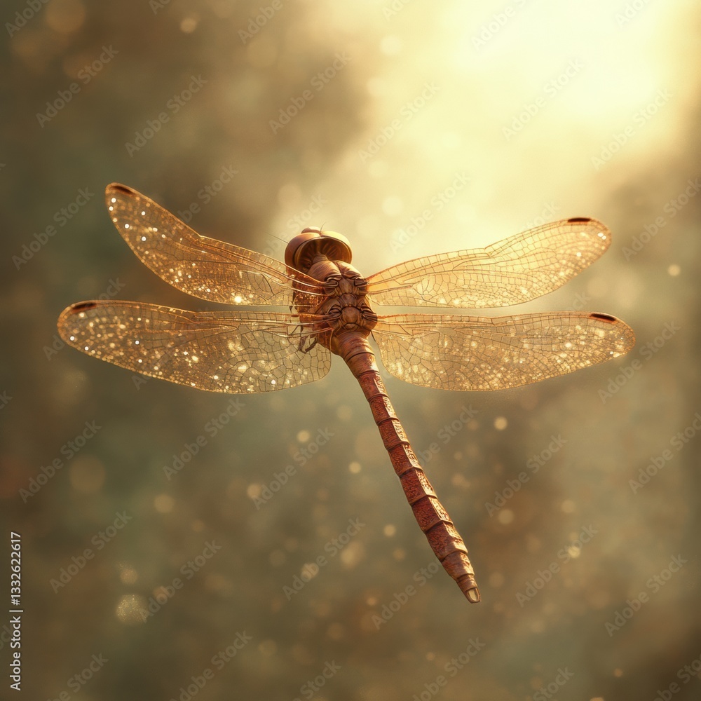 Poster dragonfly hovering in sunlight showcasing intricate wing patterns against a soft background