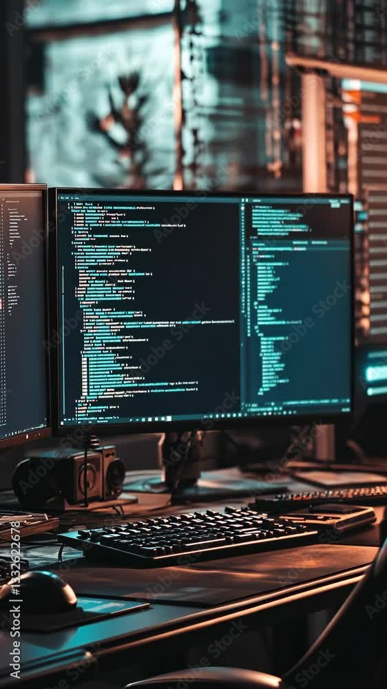 Aufkleber working environment with dual monitors displaying code in a modern tech office at night
