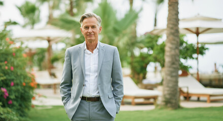 Obraz premium Mature caucasian male in gray suit standing in lush outdoor resort setting