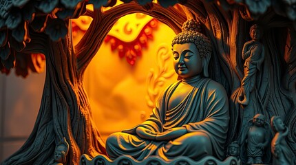 Serene Buddha Statue Under Tree Lamp Peaceful Meditation Decor