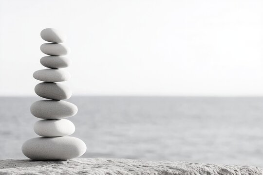 Balanced stones create serene focal point against tranquil seasc