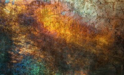 Steampunk style surface, rusty and worn metal with red, black and orange tones.