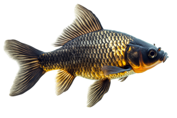 Elegant goldfish with shimmering scales in profile, cut out transparent