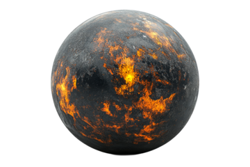 Molten planetary sphere surface with magma flows, cut out transparent