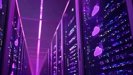 Innovative cloud gaming technology showcased in a vibrant digital server environment illuminated by purple lights - Powered by Adobe