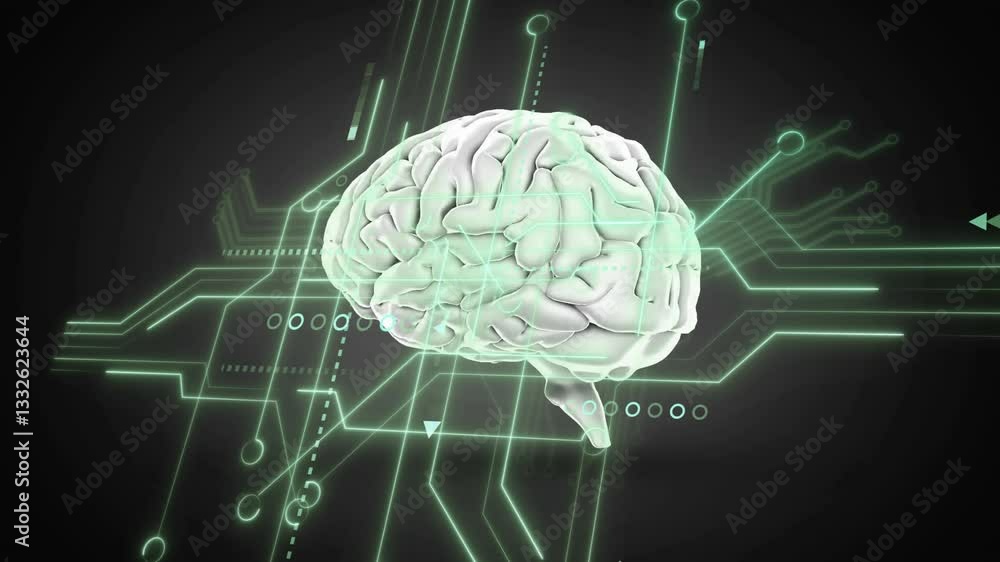Poster human brain illustration with digital circuit and binary code animation