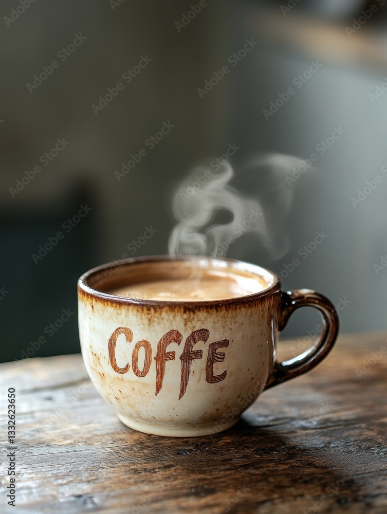 Fototapete Hot coffee cup on rustic table with steam forming whimsical word in elegant script Generative AI