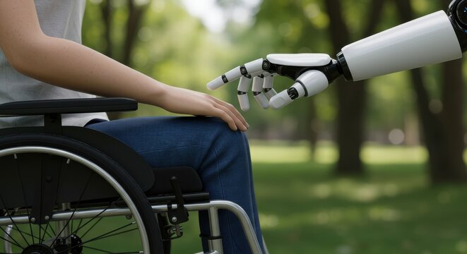 A robotic hand reaches out to touch the leg of a person in a wheelchair in a park