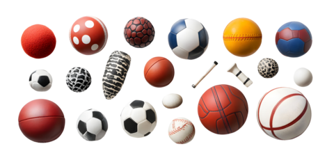 Variety of sports balls on isolated white or transparent background