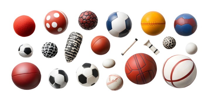 Variety of sports balls on isolated white or transparent background