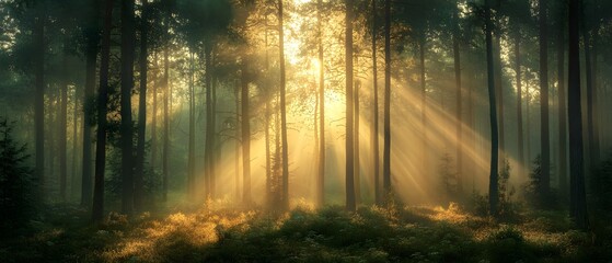 Naklejka premium Tranquil forest scene with soft morning light
