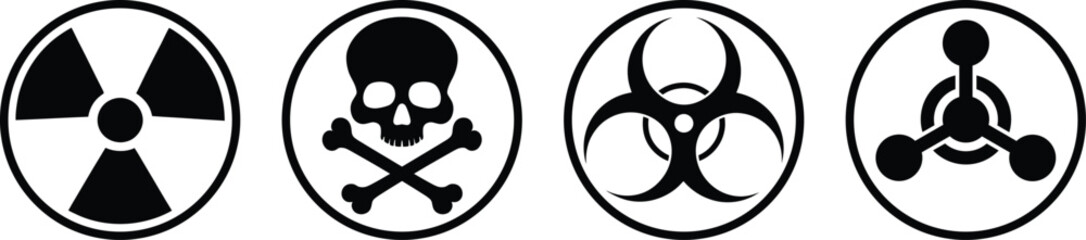 Danger Signs, Nuclear Radiation symbol , Chemical and Biological Hazard Icon Set. Radiation, Toxic, skull crossbones, Biohazard, Warning Symbols for Safety and Caution. Vector Illustration