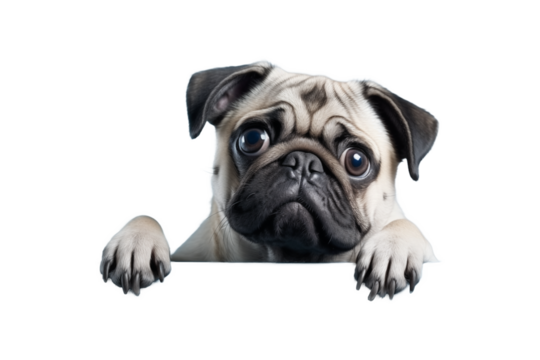 Cute pug dog with big expressive eyes looking curiously from behind a ledge. Ideal for pet care and animal-related projects.