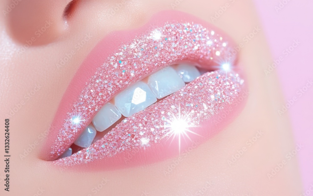 Poster lips coated in shimmering diamond-like particles, reflecting light in a dazzling display.