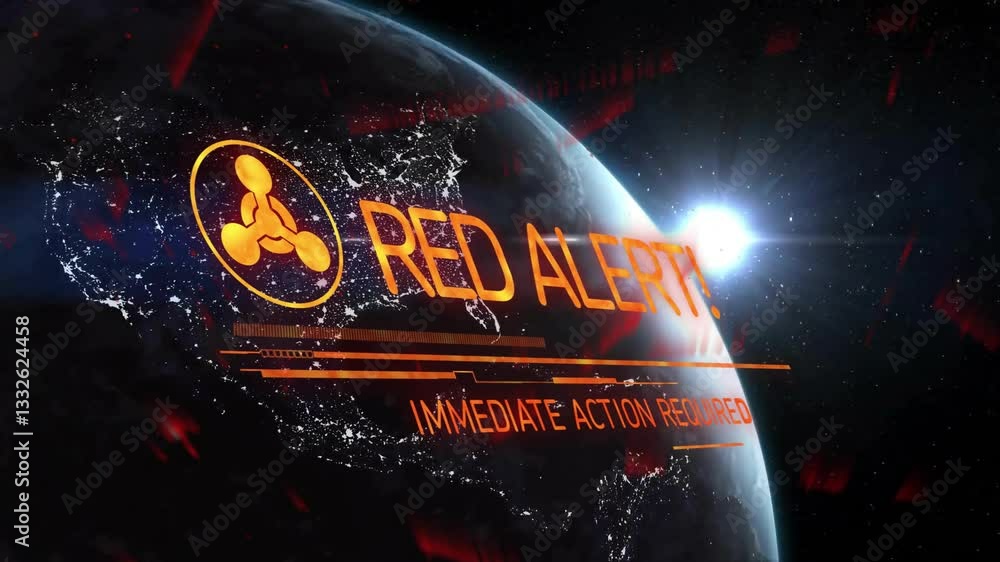 Poster red alert animation with text and symbol over earth with glowing sun in space
