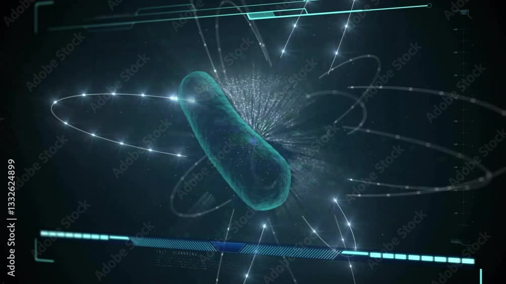 Poster displaying animation of glowing cell with orbiting particles and data lines