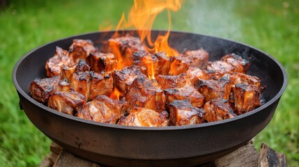 A rustic outdoor smoke pit filled with whole lambs being slow-cooked over smoldering wood