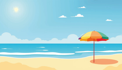Tranquil beach scene with colorful umbrella and clear blue sky, relaxation