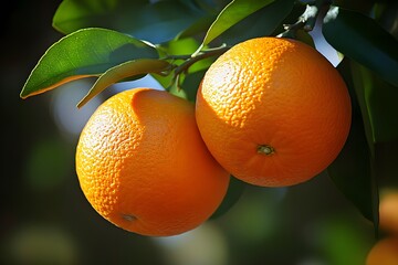 Juicy Oranges on Branch Sunlight Fresh Citrus Fruit