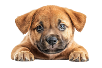 Adorable brown puppy portrait with big eyes and paws, cut out transparent