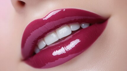 Obraz premium A sensual macro shot of plump lips covered in a berry-toned juicy gloss, with soft reflections enhancing the shape and texture.