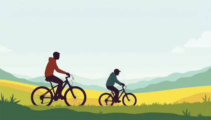 Obraz premium Single parent and child riding bicycles in countryside, family bonding