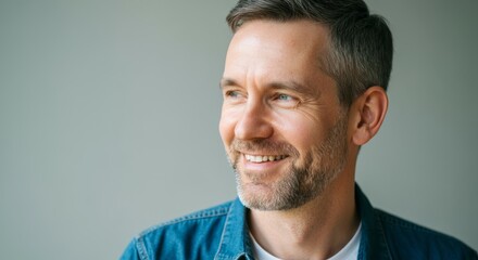 Fototapeta premium Caucasian male adult smiling in casual denim shirt looking to the side