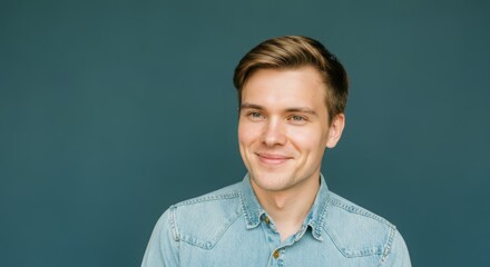 Obraz premium Young caucasian male smiling in denim shirt against blue background