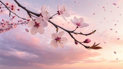 Obraz premium Cherry blossom blooming in serene sunset nature photography tranquil landscape soft pastel skies