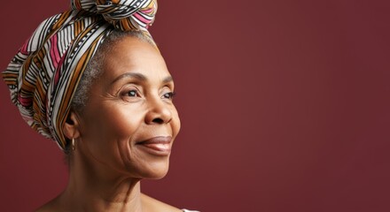 Smiling elderly african female with headscarf against maroon background