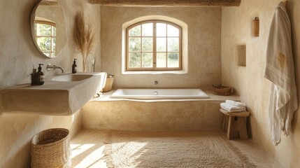 Bright and tranquil bathroom features warm sun streaming through the window, simple decor with organic materials, and a relaxing atmosphere perfect for unwinding
