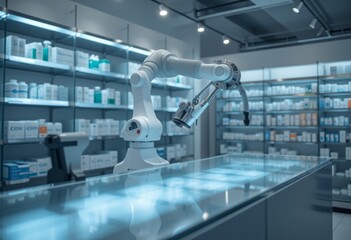  Laboratory setting with a robotic arm and glassware indicating advanced scientific research and development