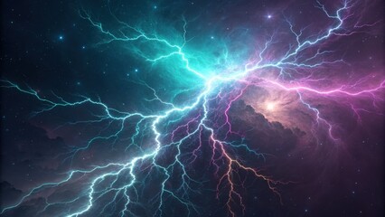 Dynamic lightning storm illuminating cosmic skies outer space digital art galactic environment vibrant viewpoint energy concept