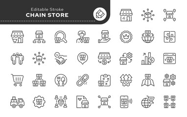 Chain store line icon set. Franchise, brand, consumer, trade mark, market, retail, public catering market, distribution and more. Outline vector icon in linear style. Pictogram collection	