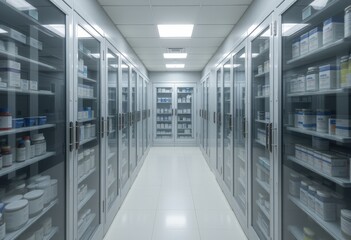  Corridor with refrigerated storage units on both sides highlighting medical or pharmaceutical storage