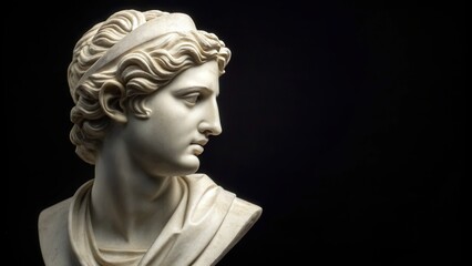 Minimalist close-up of a broken greek roman marble bust artistic display dark background detailed perspective classical sculpture aesthetic