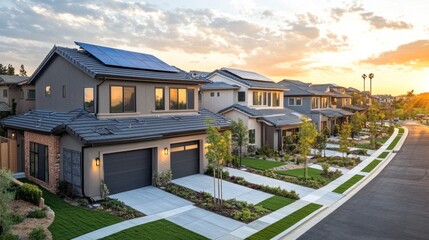 In a modern neighborhood, homes are equipped with solar panels and small wind turbines. Green landscapes and walkways complement the eco-friendly design during sunset