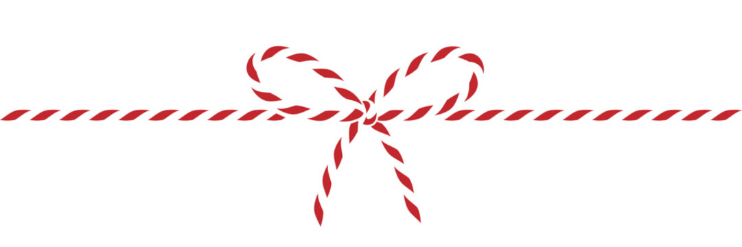 Isolated on transparent background сotton red rope bakers twine bow and ribbons for gift. Horizontal banner. Negative space. Packing string for decoration present for Christmas, birthday. Vector EPS10