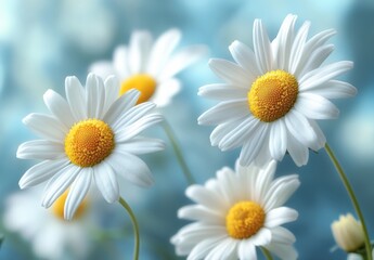 Fototapeta premium Close-up View of Fresh White Daisies with Yellow Centers Against a Soft Blue Background Representing Spring and Nature's Beauty