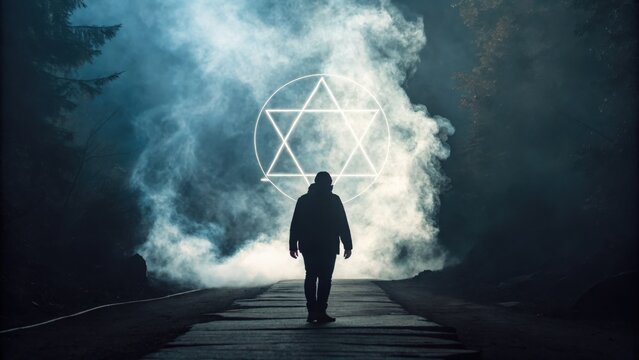 Mysterious figure walking through a foggy forest dark background with swirling white smoke atmospheric photography enigmatic environment low angle perspective