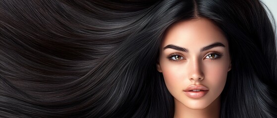 Obraz premium Woman Portrait with Straight Jet-Black Hair on a Crisp White Backdrop. Copy space. Generative AI