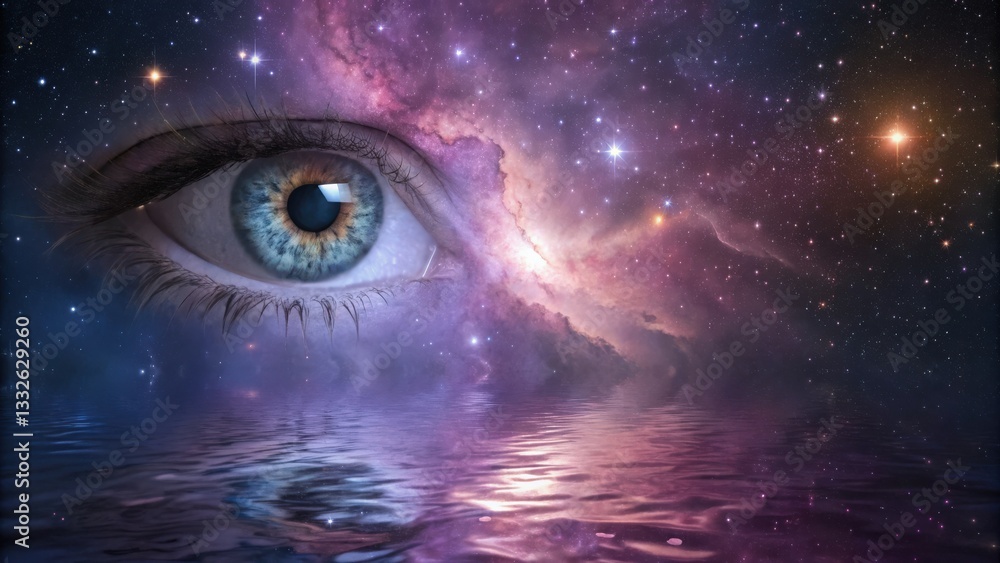 Poster surreal cosmic scene featuring a floating human outer space digital art dreamlike environment close-
