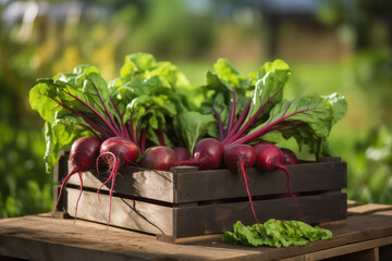 red beetroot fresh in wooden crate blurred plantation background