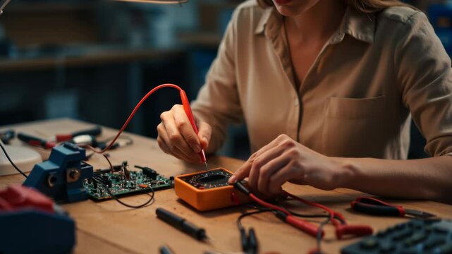 Close-up shot of a fair-skinned 23-year-old woman in a beige shirt working on electronics at a workbench she is using a multimeter with red and black probes