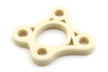 A cream colored circular object with multiple triangular cutouts is shown