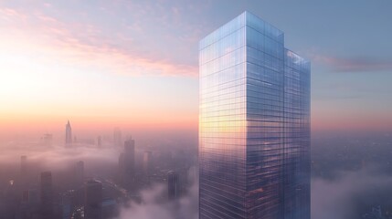Fototapeta premium A skyscraper at dawn with the first light illuminating its glass exterior 