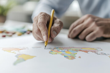person sketching colorful world map with yellow pen, showcasing creativity and global insight