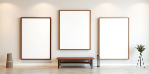 Modern minimalist interior with three blank frames and simple decor