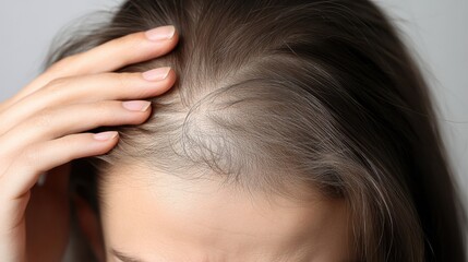 A woman gently touching her thinning hairline with a concerned lookA woman gently touching her thinning hairline with a concerned look